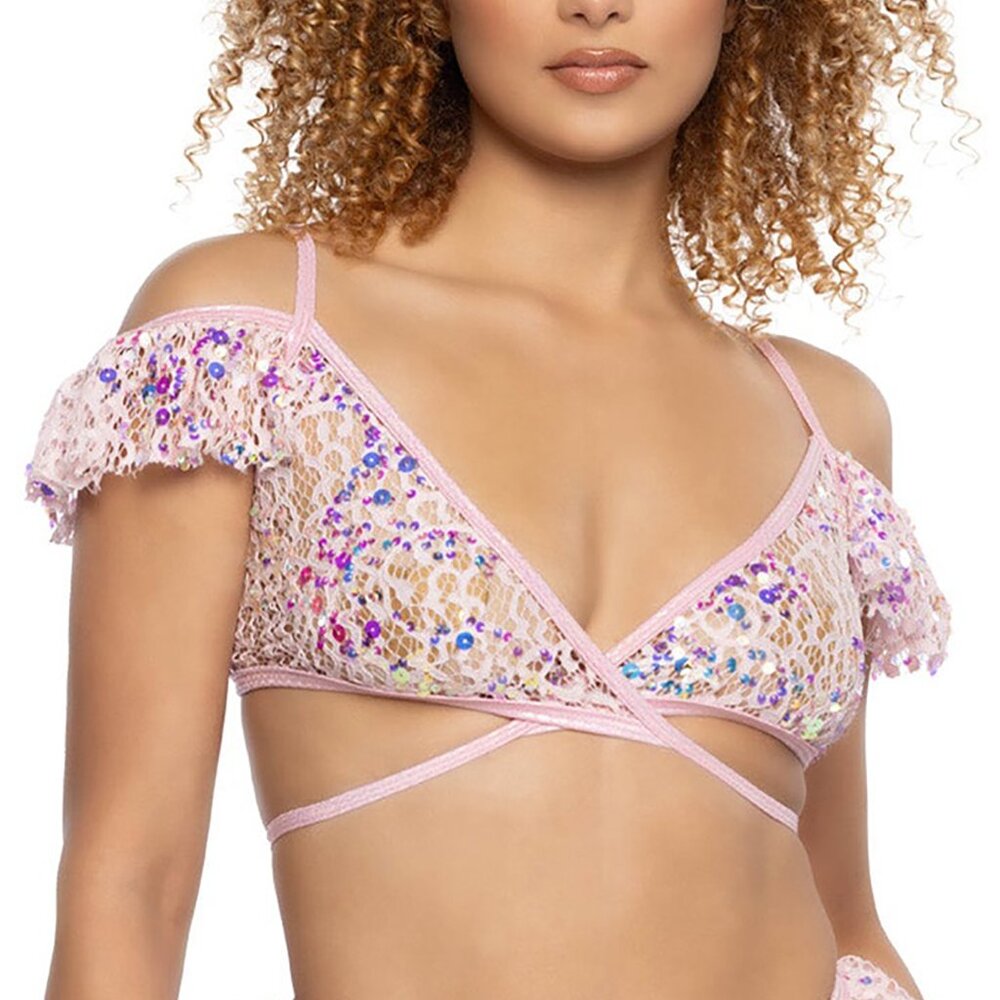 NEW J Valentine - Love Story Sequin Lace Ruffle Wrap Top